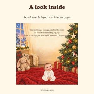 Story page from the personalised Christmas book: a Christmas tree appears in the room while the baby sits beside a toy bunny and presents.