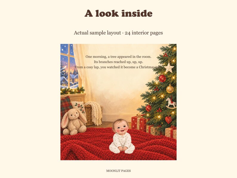 Story page from the personalised Christmas book: a Christmas tree appears in the room while the baby sits beside a toy bunny and presents.