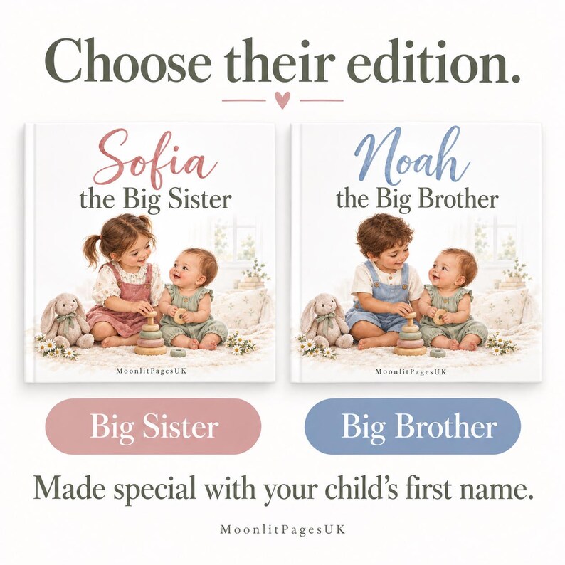 Choose their edition: Big Sister or Big Brother personalised book with the older child's name – a keepsake gift from the new baby