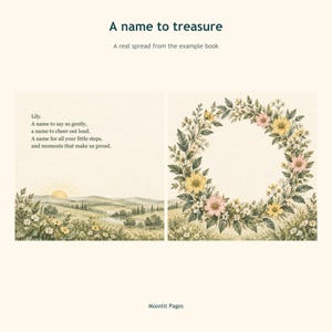 Example spread A name to treasure, the baby's name in a verse beside a floral wreath illustration