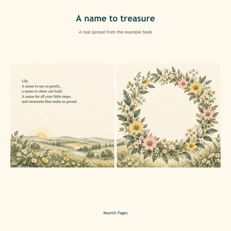 Example spread A name to treasure, the baby's name in a verse beside a floral wreath illustration