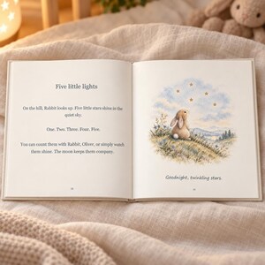 Inside the personalised bedtime book – open pages with a woodland rabbit illustration and the baby's name in the story