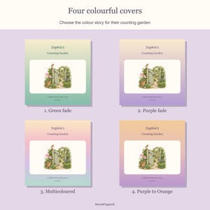 Four numbered covers show Green fade, Purple fade, Multicoloured and Purple to Orange. Each has the same garden gate artwork and the sample name Sophie.