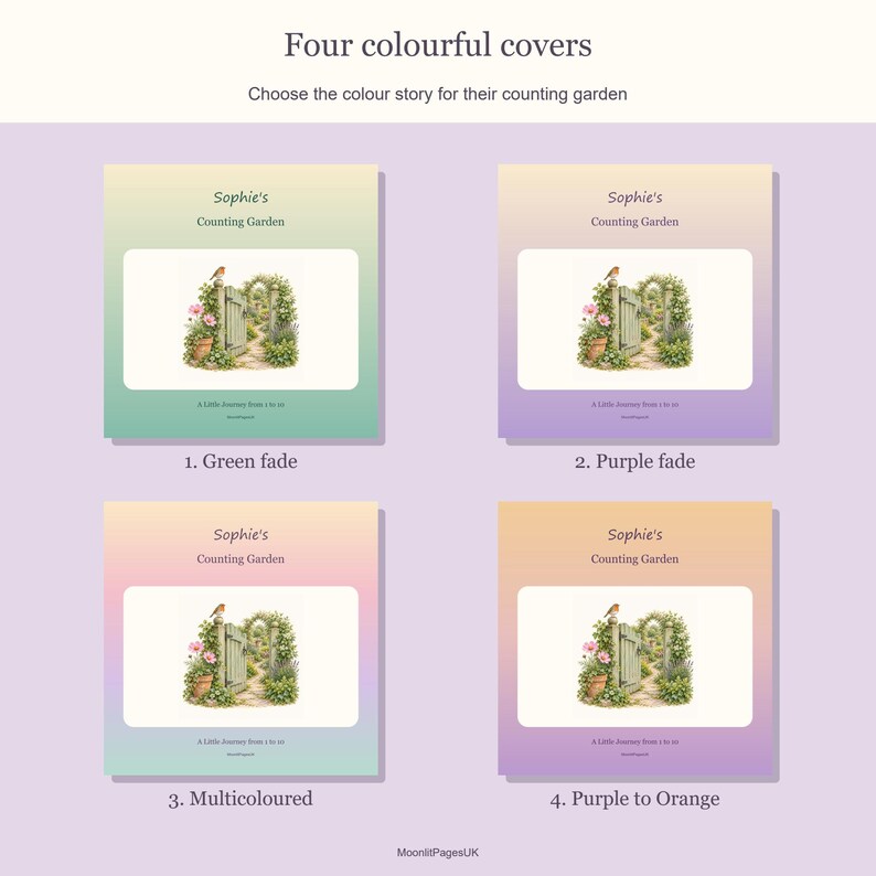 Four numbered covers show Green fade, Purple fade, Multicoloured and Purple to Orange. Each has the same garden gate artwork and the sample name Sophie.