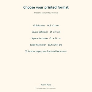 Printed formats for the personalised birth keepsake book: A5 softcover, square softcover, square hardcover and large hardcover, 32 interior pages