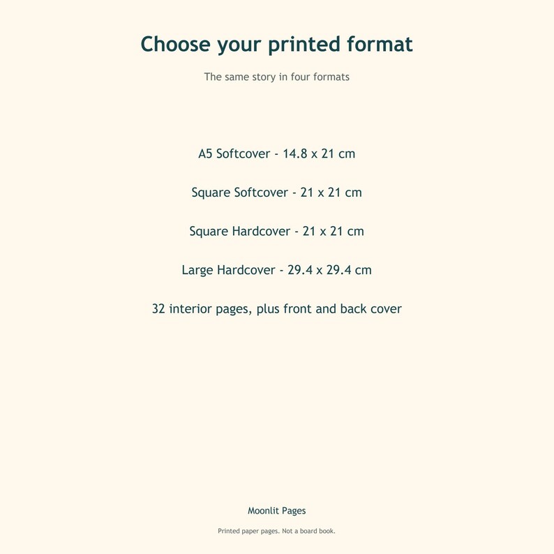 Printed formats for the personalised birth keepsake book: A5 softcover, square softcover, square hardcover and large hardcover, 32 interior pages