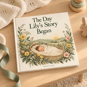 Personalised baby book with name, The Day Your Story Began, lying on a wooden table with a sage ribbon and wooden toys