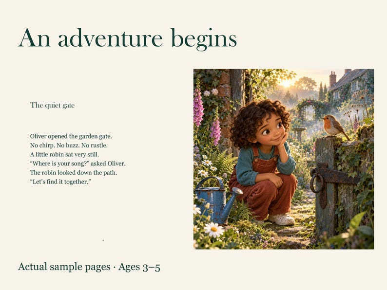 May include: A children's book page titled An adventure begins, featuring text about Oliver and a robin. The illustration shows a child with curly hair in brown overalls and a blue shirt crouching in a garden next to a blue watering can and a robin on a gate.