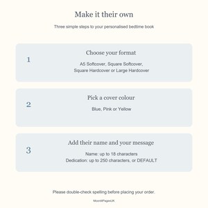 Ordering guide: choose one of four formats, pick Blue, Pink or Yellow, then provide a child's name of up to 18 characters and a dedication of up to 250 characters or DEFAULT.