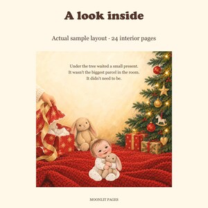 Story page: the baby opens a present under the Christmas tree and finds a soft toy bunny.