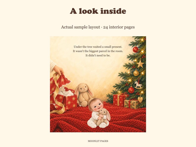 Story page: the baby opens a present under the Christmas tree and finds a soft toy bunny.