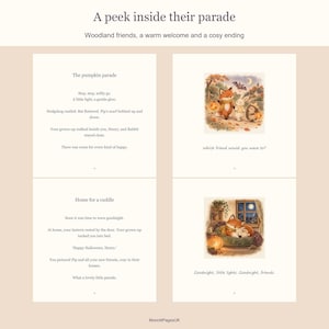 Four sample interior pages from Pumpkin Parade, showing the woodland procession and the gentle bedtime ending. Original story with a personalised name.