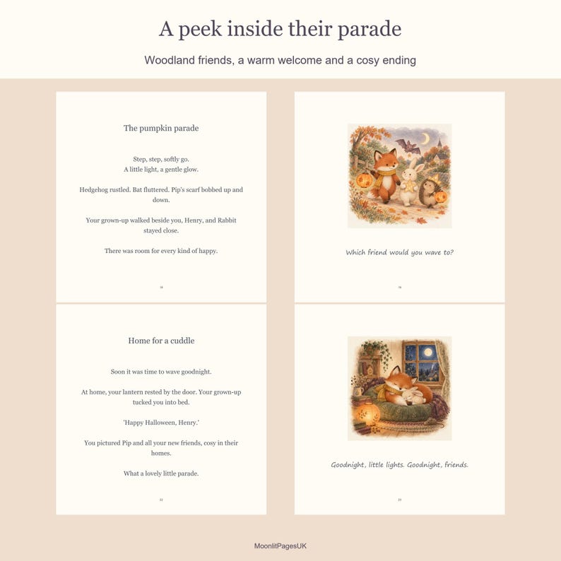 Four sample interior pages from Pumpkin Parade, showing the woodland procession and the gentle bedtime ending. Original story with a personalised name.