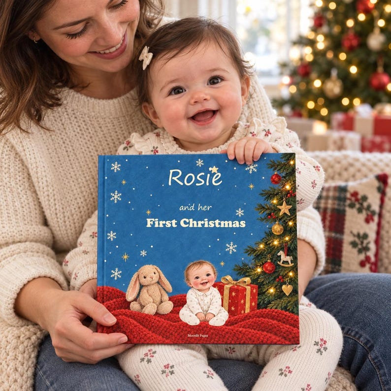 A smiling mother holds her baby beside a Christmas tree with a personalised Baby's First Christmas book reading Rosie and her First Christmas on a blue cover. Rosie is an example name.