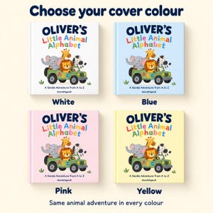 Choose your cover colour for the personalised animal alphabet book: white, blue, pink or yellow custom name ABC book