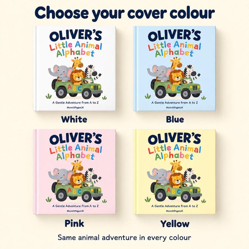 Choose your cover colour for the personalised animal alphabet book: white, blue, pink or yellow custom name ABC book