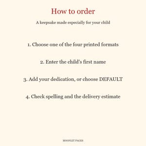 How to order the personalised letter from Santa book: choose one of four printed formats, enter the child's first name, add a dedication or DEFAULT, then check spelling and the delivery estimate.