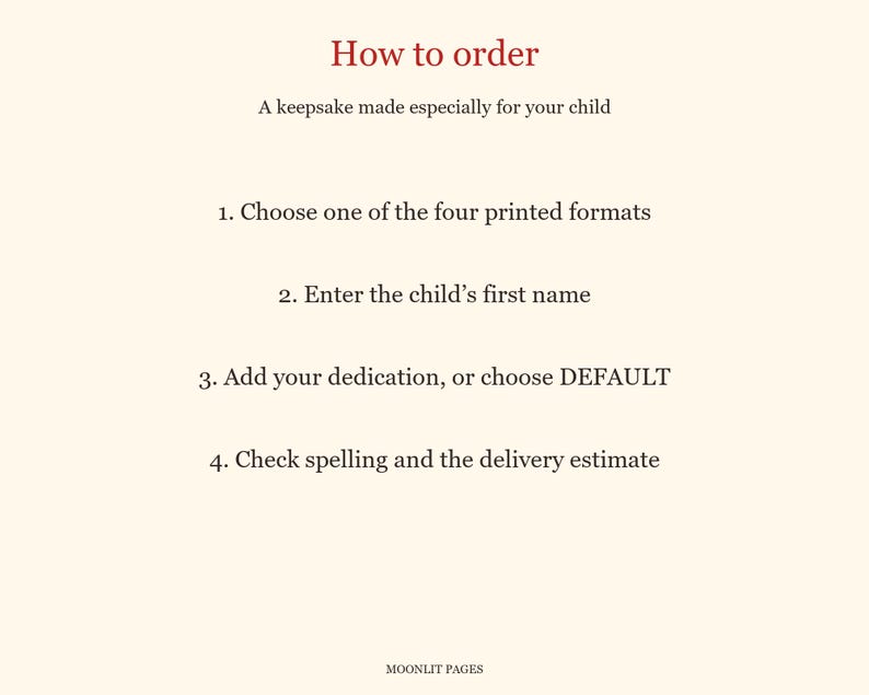 How to order the personalised letter from Santa book: choose one of four printed formats, enter the child's first name, add a dedication or DEFAULT, then check spelling and the delivery estimate.