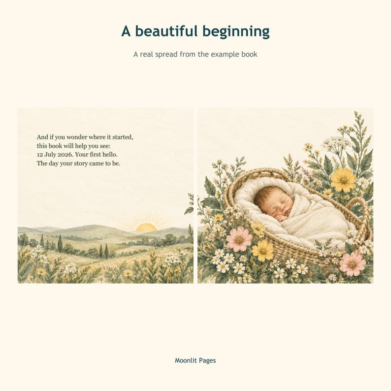 Example spread A beautiful beginning, rolling green hills and a sleeping newborn surrounded by flowers