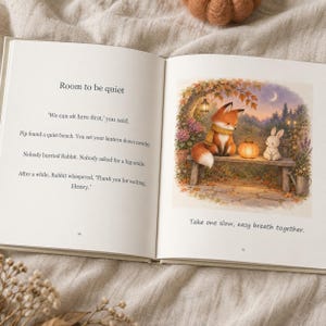 Open Pumpkin Parade book showing the quiet-bench scene with Pip the fox and Rabbit, beside the story about giving Rabbit time to feel ready.