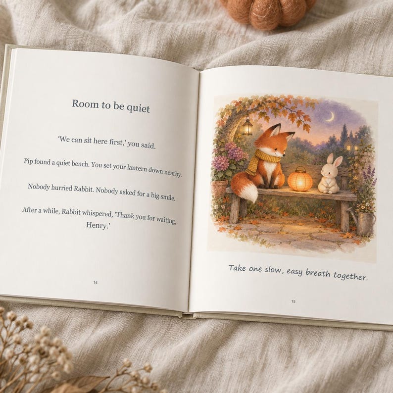 Open Pumpkin Parade book showing the quiet-bench scene with Pip the fox and Rabbit, beside the story about giving Rabbit time to feel ready.