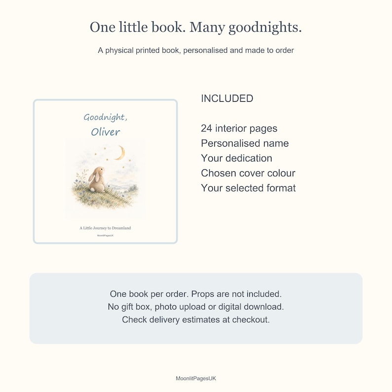 Contents guide for one personalised printed bedtime book with 24 interior pages, a child's name, dedication, selected colour and format. Props and digital downloads are not included.