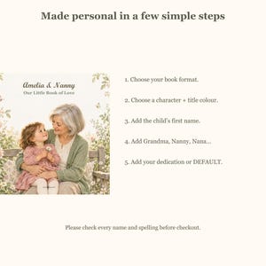 Amelia & Nanny cover beside five ordering steps: choose format, character and title colour, then add the child's name, grandmother name and a personal dedication.
