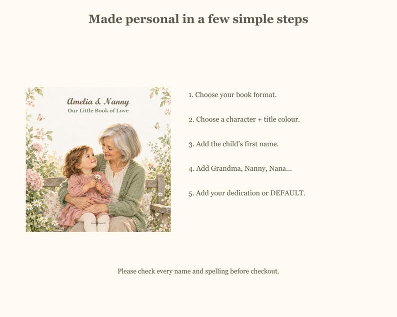 Amelia & Nanny cover beside five ordering steps: choose format, character and title colour, then add the child's name, grandmother name and a personal dedication.