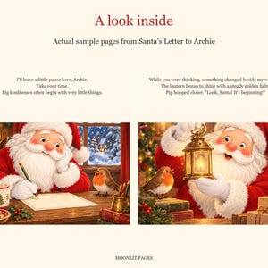A look inside: Santa writes at his desk and the lantern begins to glow with a golden light as Pip the robin watches.