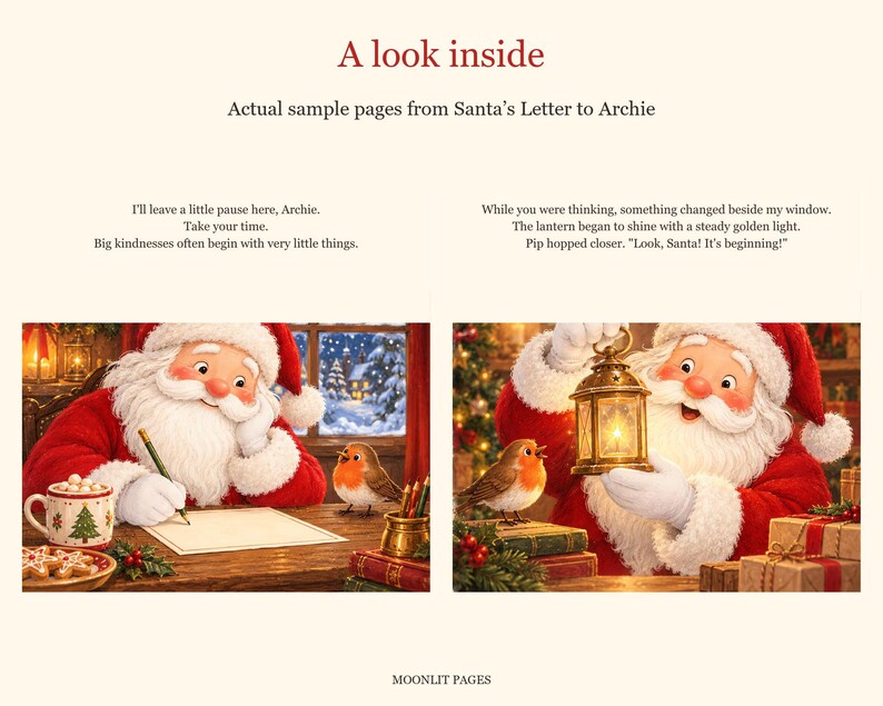 A look inside: Santa writes at his desk and the lantern begins to glow with a golden light as Pip the robin watches.