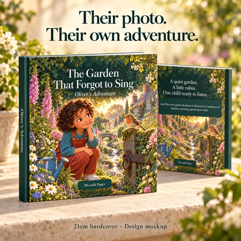 May include: Two 21cm hardcover books titled The Garden That Forgot to Sing: Oliver's Adventure. The cover features a child with curly hair in a garden with a robin, a blue watering can, and flowers. The back cover text reads A quiet garden.