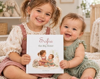 Puede incluir: Un libro infantil de tapa dura titulado Sofia the Big Sister con una portada blanca que muestra una ilustración de dos niños y un conejo de peluche. El nombre Sofia aparece en letra cursiva sobre el texto the Big Sister.