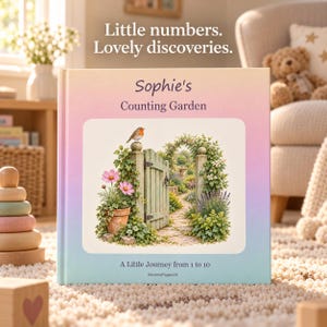 Custom name counting garden book cover with a flower archway – personalised numbers 1 to 10 book for toddlers