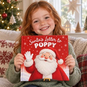 A smiling girl holds a personalised Santa book, Santa's Letter to Poppy, a Christmas Eve box gift for kids. Poppy is an example name.
