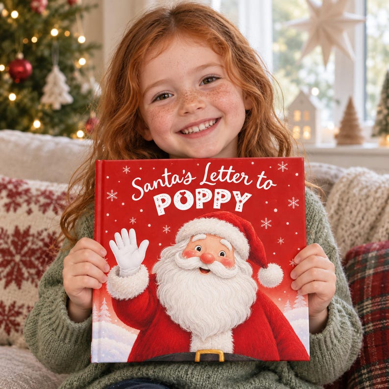 A smiling girl holds a personalised Santa book, Santa's Letter to Poppy, a Christmas Eve box gift for kids. Poppy is an example name.