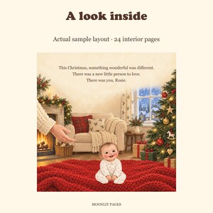 Inside the baby's first Christmas book: a cosy living room with a Christmas tree and the illustrated baby sitting on a red blanket.