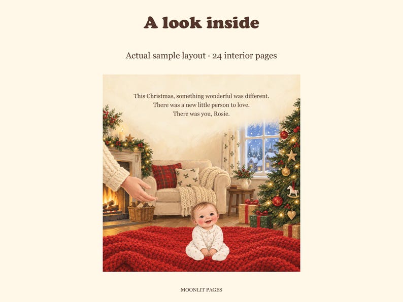 Inside the baby's first Christmas book: a cosy living room with a Christmas tree and the illustrated baby sitting on a red blanket.