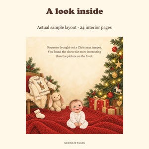 Story page: a knitted Christmas jumper with a reindeer, next to the baby and toy bunny under the tree.