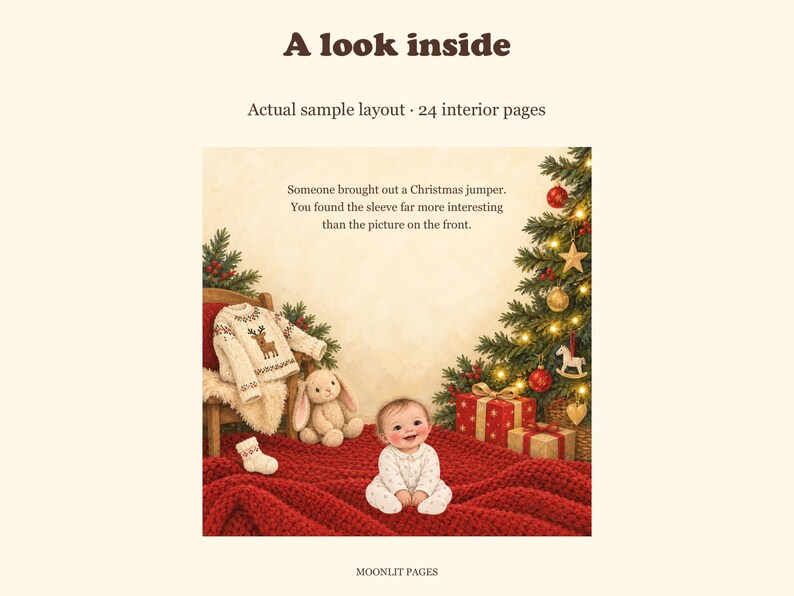 Story page: a knitted Christmas jumper with a reindeer, next to the baby and toy bunny under the tree.