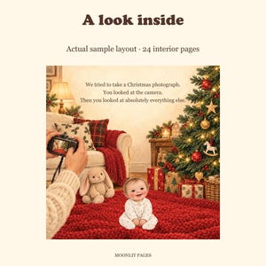 Story page: a family Christmas photograph is taken of the baby beside the tree.