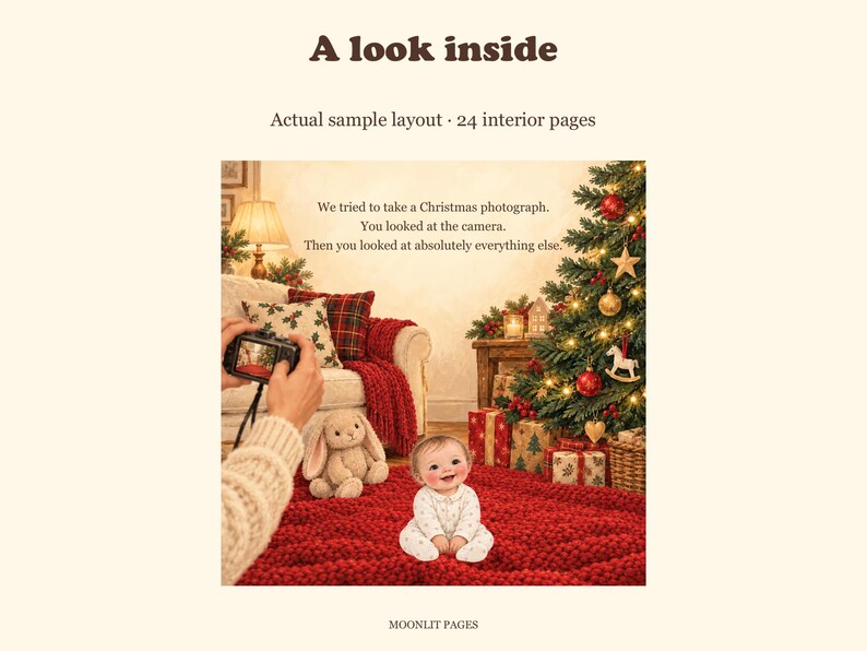 Story page: a family Christmas photograph is taken of the baby beside the tree.