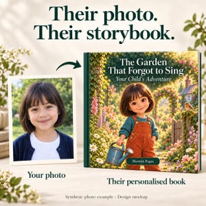 May include: A personalized storybook titled The Garden That Forgot to Sing, Your Child's Adventure, featuring an illustration of a child with brown hair in orange overalls holding a blue watering can, next to a photograph of the same child.