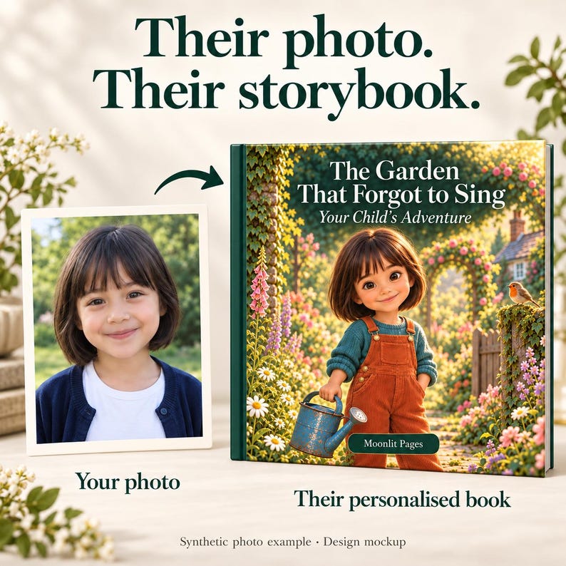 May include: A personalized storybook titled The Garden That Forgot to Sing, Your Child's Adventure, featuring an illustration of a child with brown hair in orange overalls holding a blue watering can, next to a photograph of the same child.