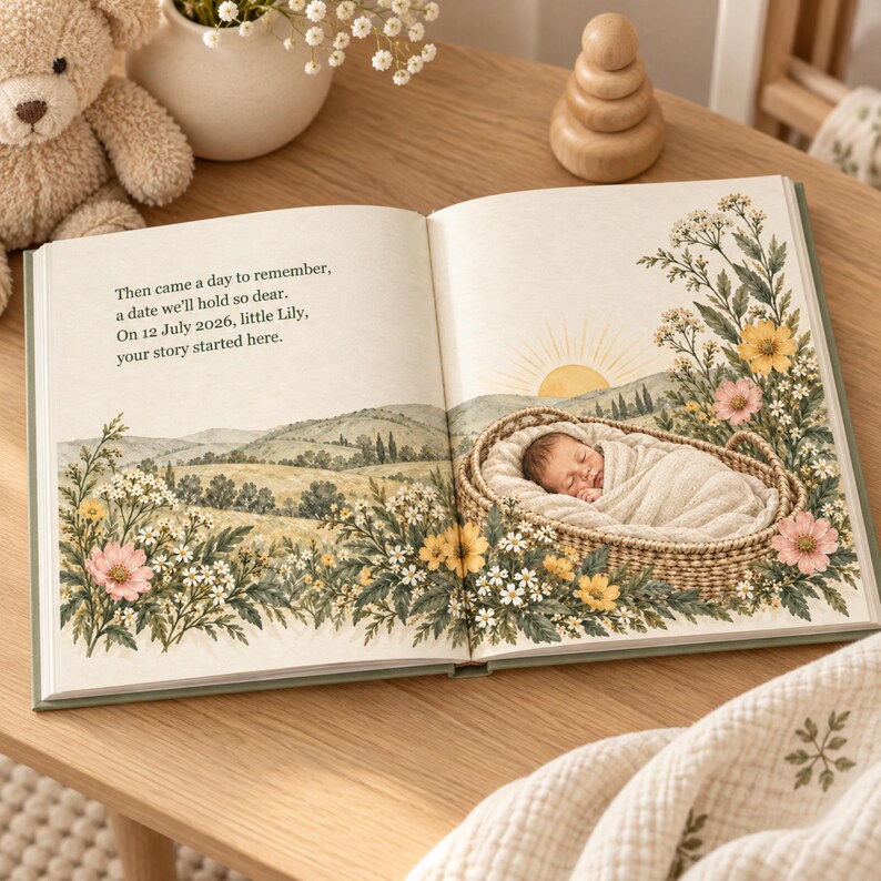Open personalised birth keepsake book showing a newborn in a wildflower basket and gentle verses with the baby's name