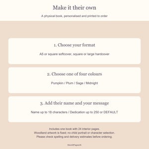 Order guide for the personalised Halloween book: select format, choose Pumpkin, Plum, Sage or Midnight, then add the child's name and dedication.