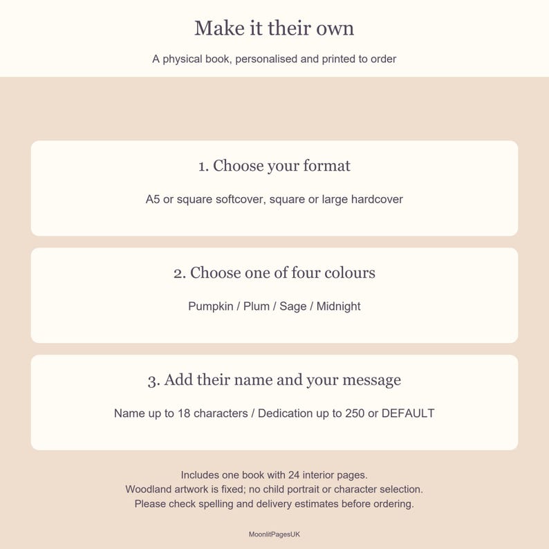 Order guide for the personalised Halloween book: select format, choose Pumpkin, Plum, Sage or Midnight, then add the child's name and dedication.