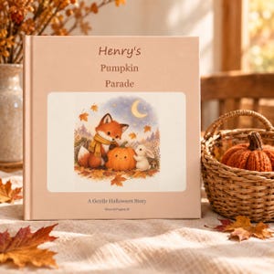 Personalised Halloween storybook beside a woven boo basket on cream linen. Book sold separately; basket and decorations are styling props.