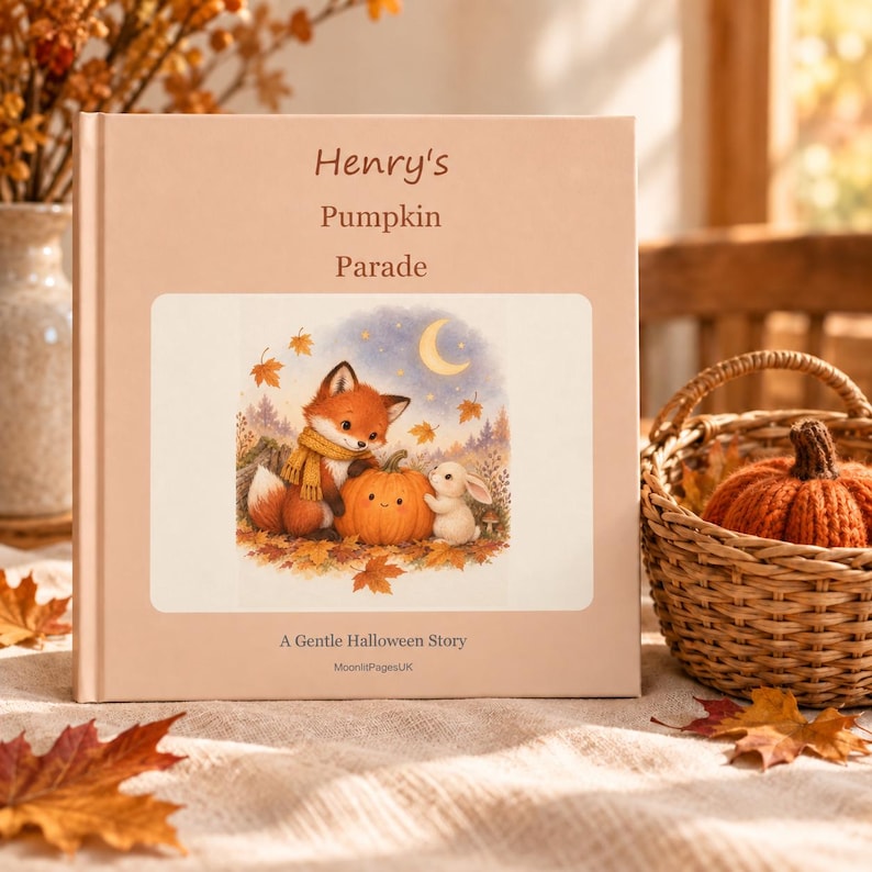 Personalised Halloween storybook beside a woven boo basket on cream linen. Book sold separately; basket and decorations are styling props.