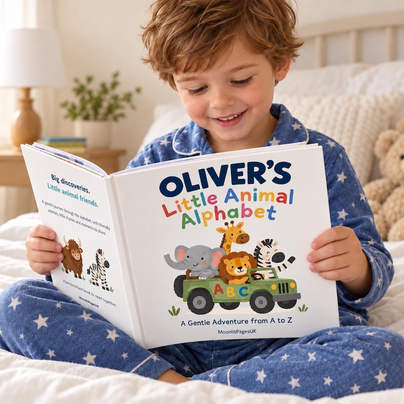 Toddler reading a personalised alphabet book with his name on the cover – custom name ABC book and baby shower keepsake