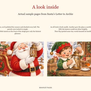 A look inside: Santa holds the little lantern on his sleigh while an elf and Pip the robin help to make it shine.